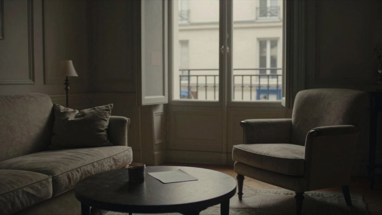 An elegant empty room in a private Paris residence, no advertisements, only a note and a photograph on a table.