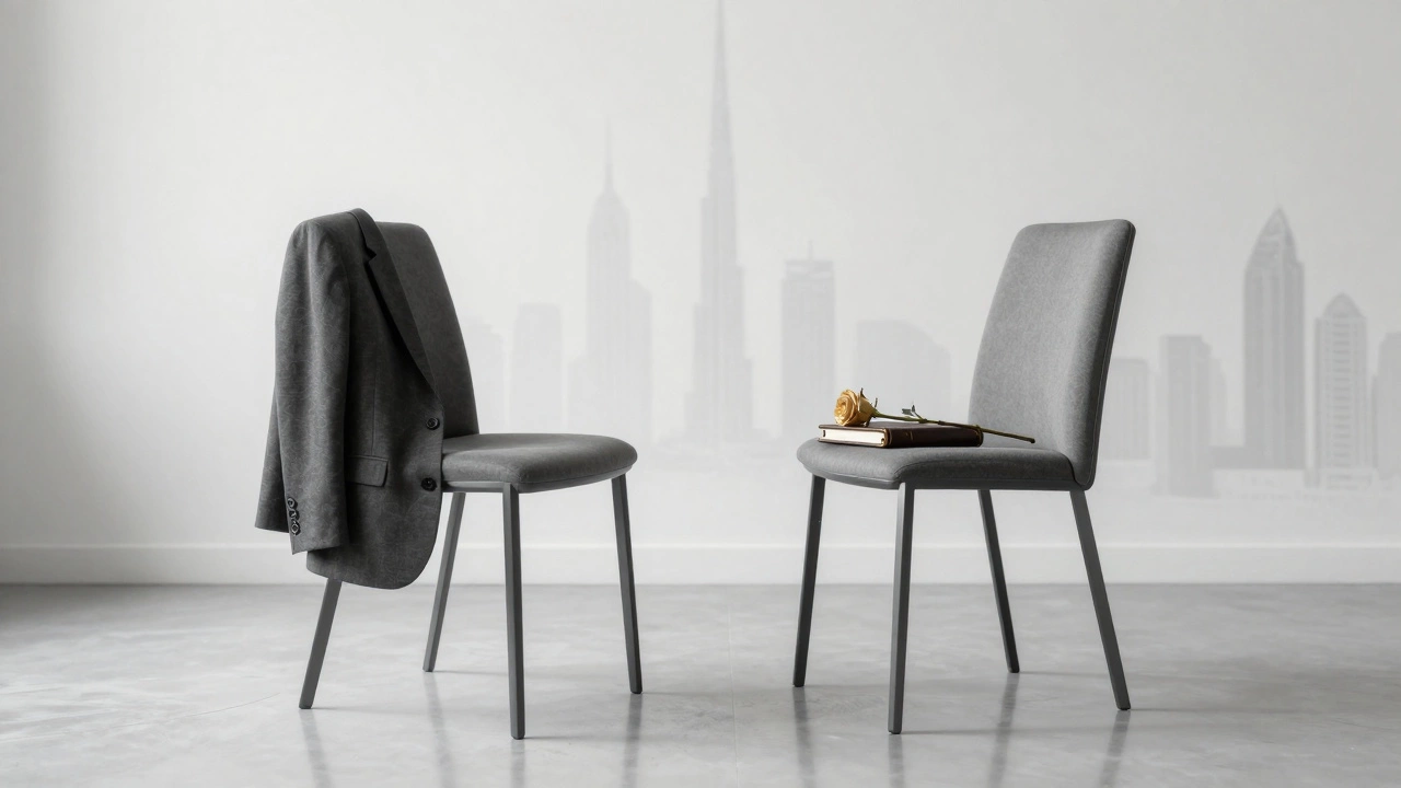 Two empty chairs with a blazer and journal, symbolizing trust and discretion in Dubai&#039;s companionship service.