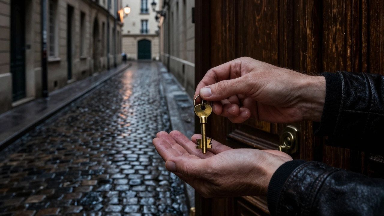 Two hands exchanging a key in a quiet Paris alley at night, no faces visible, streetlamp glow on wet stones.